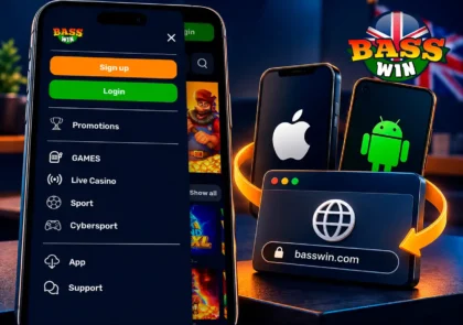 Basswin mobile screen with Android, iOS and browser access markers.